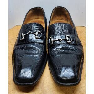 David Eden Lizard/Ostrich Loafer Sz 10.5 Black Leather Silver Horsebit